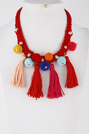 Trendy Beaded Tassel with Puff Ball Necklace 7DBB7